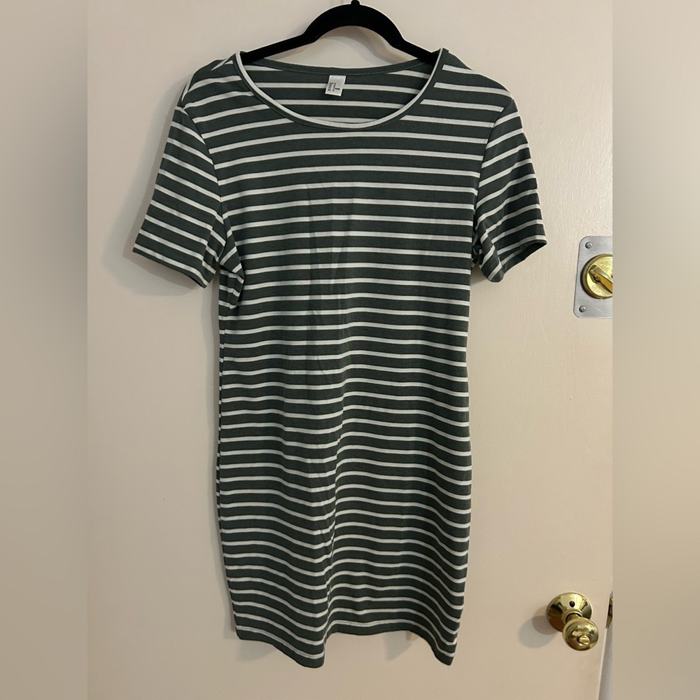 Olive green and white striped mini t shirt dress